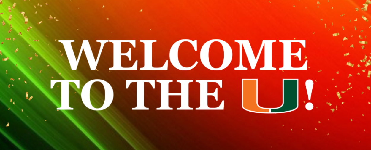 a graphic that says welcome to the u! The text is in all caps and white except for the u which is the University of Miami logo. The background is a mix of orange and light green with some gold confetti.