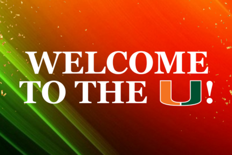 a graphic that says welcome to the u! The text is in all caps and white except for the u which is the University of Miami logo. The background is a mix of orange and light green with some gold confetti.