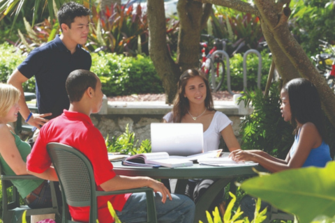 a photo of five college students sitting outside of UM campus. One student is standing while the others are sitting and discussing. The background contains trees, plants, and a bike rack. The table and chairs they are at are dark green.
