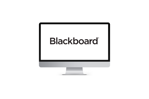 a graphic of a MAC desktop computer screen. On the screen is the Blackboard logo in black text. 